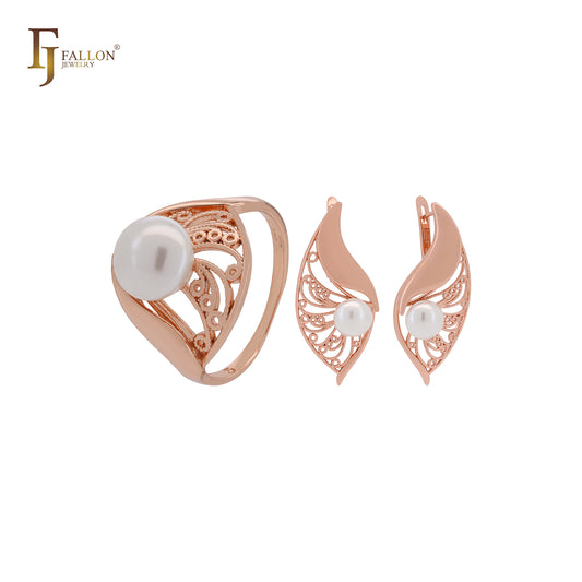 Grandes hojas de filigrana con Perla Conjunto de Joyería en Oro Rosa con Anillos