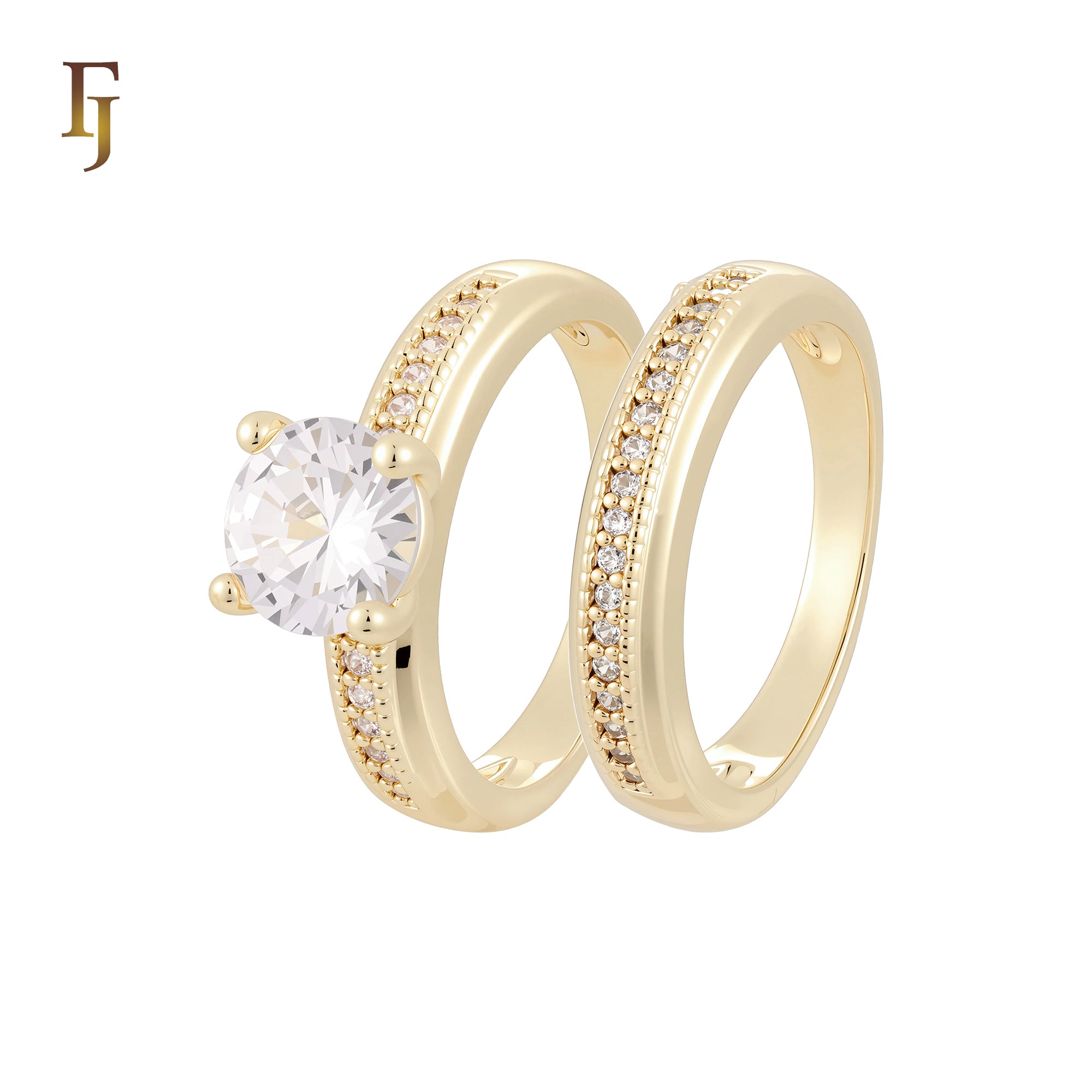 Centered paved white CZs 14K Gold, Rose Gold Wedding Set Rings Engagement and Band