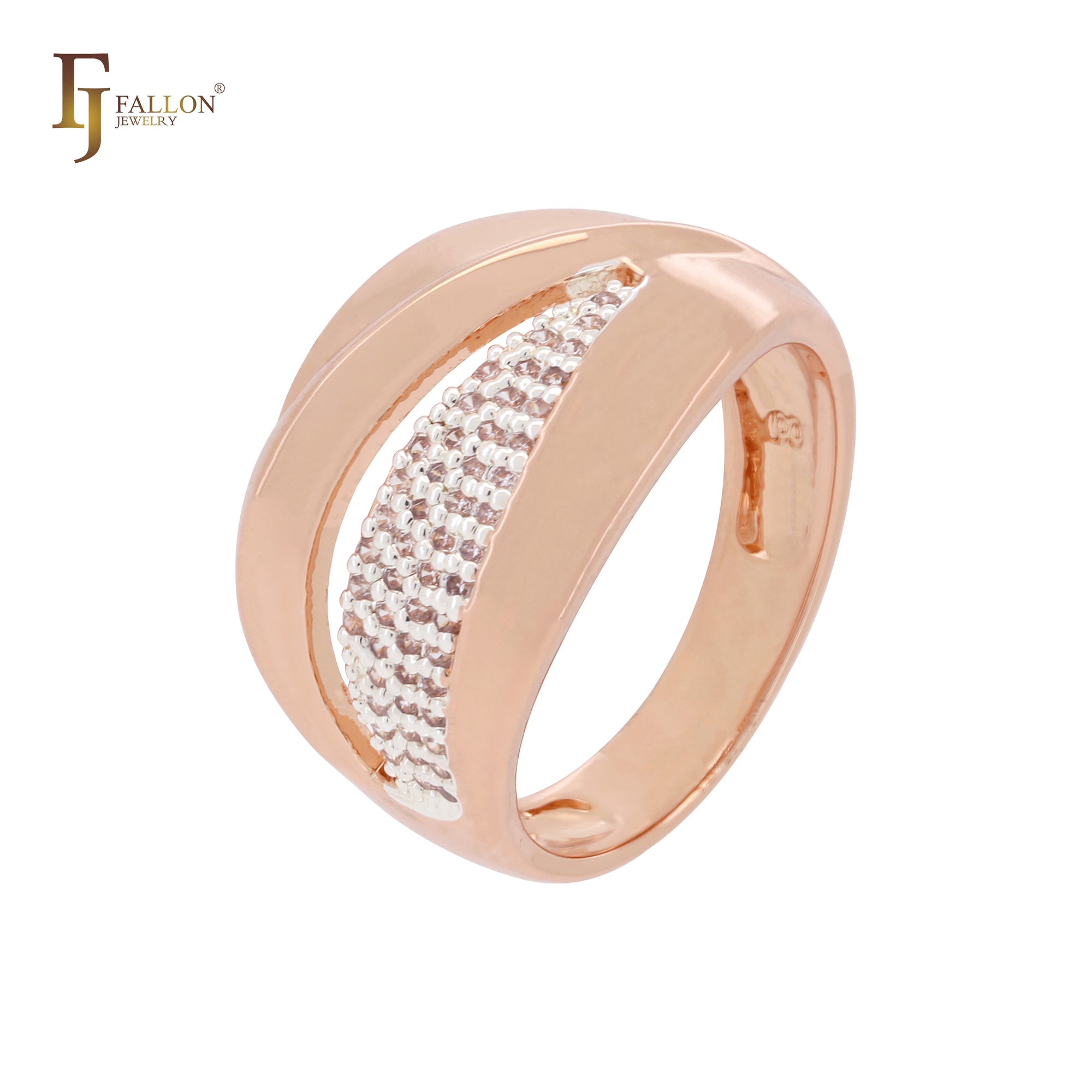 Anillos de moda en oro rosa de dos tonos con grandes circonitas blancas pavimentadas