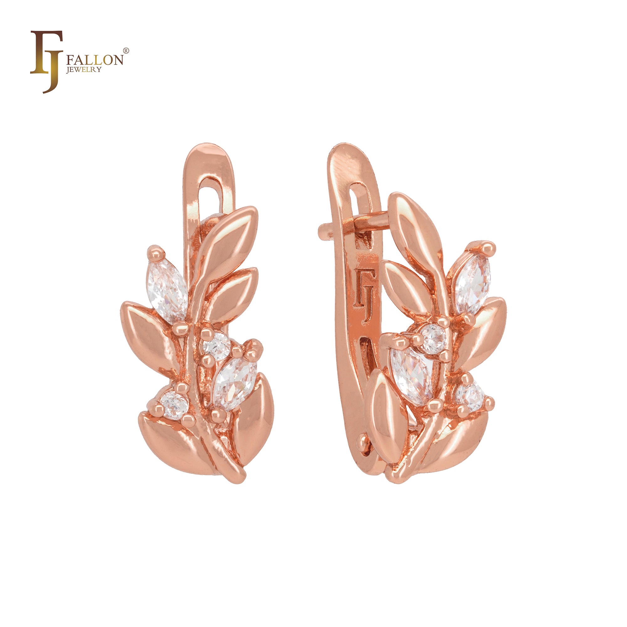 Blooming flower with cluster white CZs Rose Gold Russian Lock Earrings