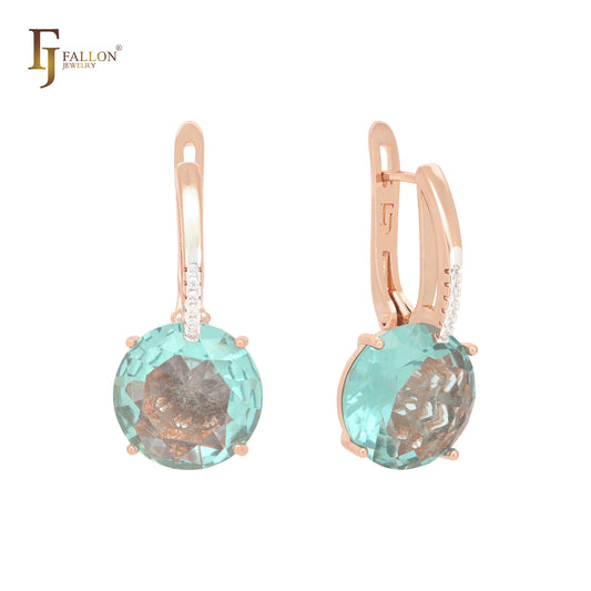 Giant rounded colorful solitaire CZ with white CZs Rose Gold two tone Russian Lock Earrings