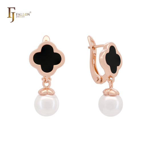Pearl with Clover of white or Black Rose Gold Clip-On Earrings