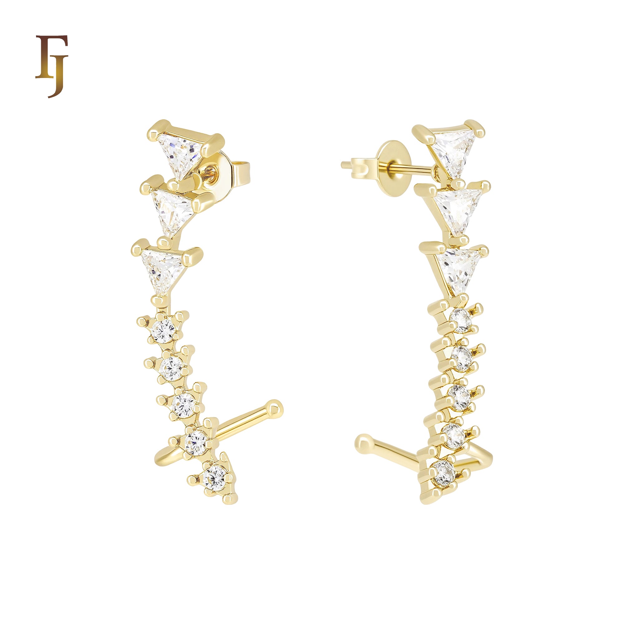 Cluster Triangular white CZs 14K Gold, Rose Gold Cuff Clip Stud Earrings
