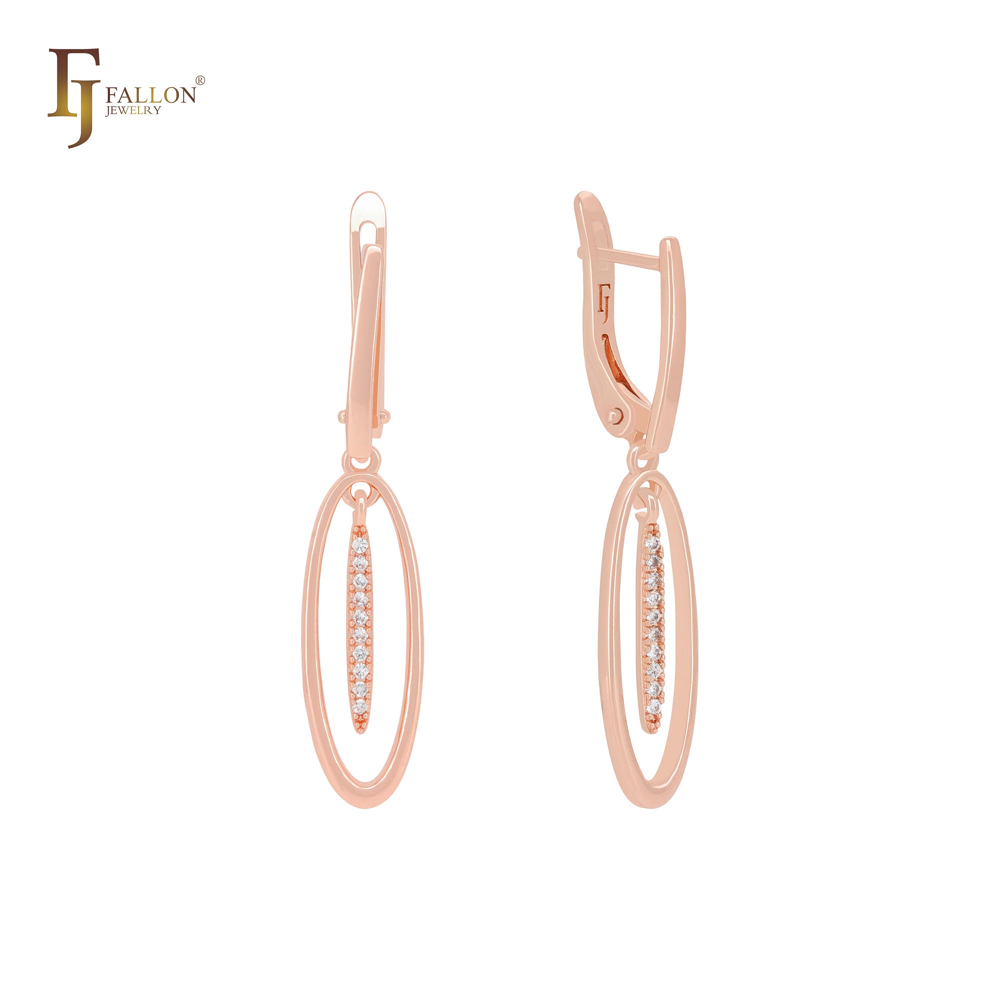 Oval wire of drop white CZs Rose Gold Russian Lock Earrings