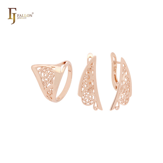 Conjunto de joyas de oro rosa con filigrana de chevron y anillos