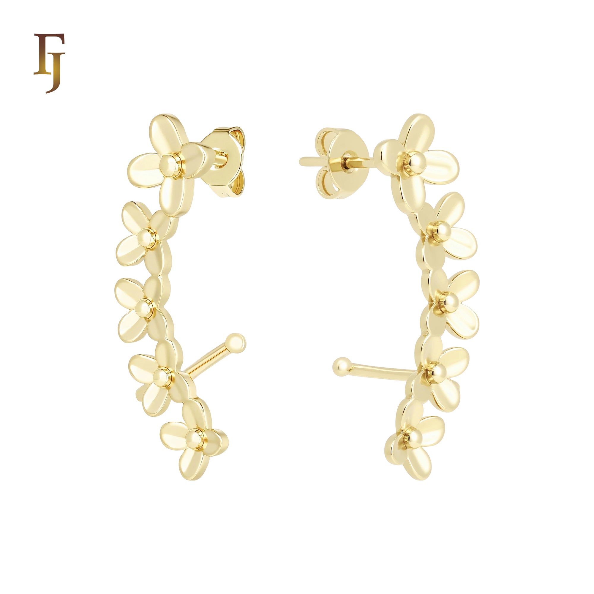 Four leave flower cluster 14K Gold, Rose Gold Cuff Stud Earrings