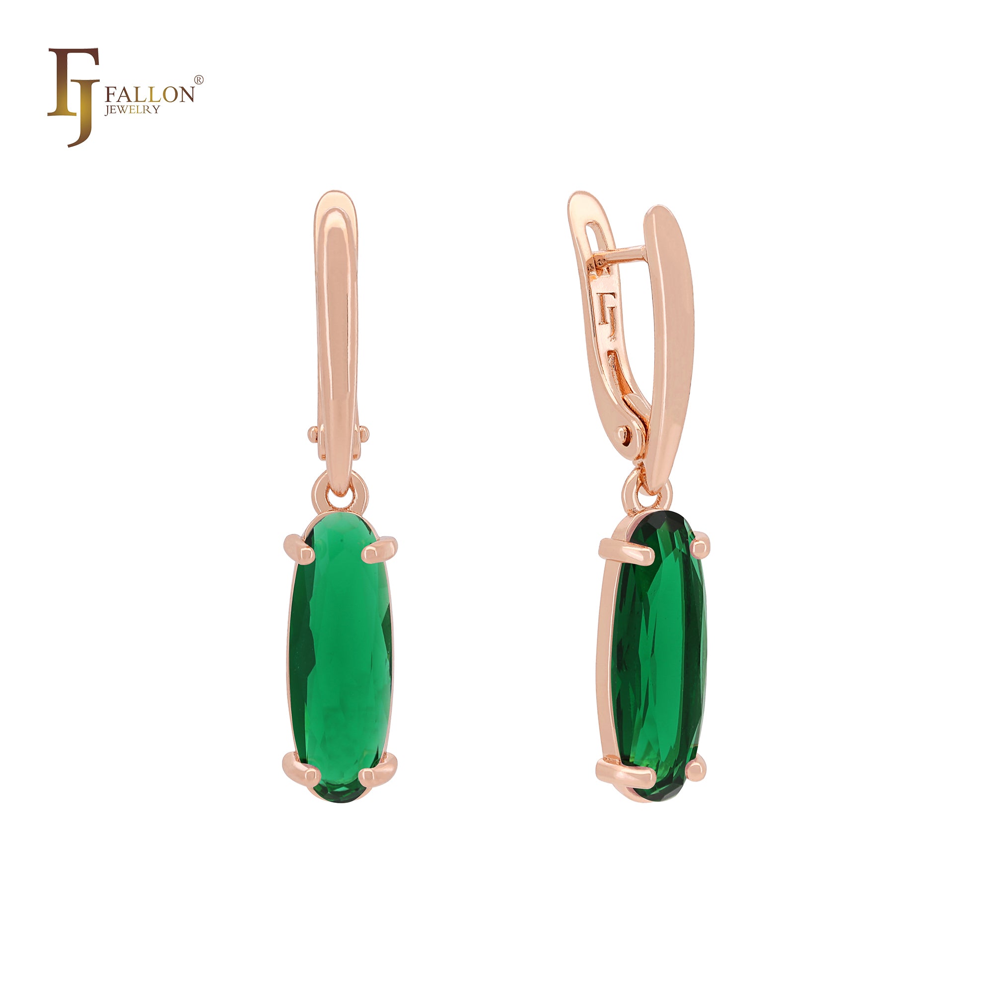 Long Oval Solitaire Colorful CZ Rose Gold Russian Lock Earrings