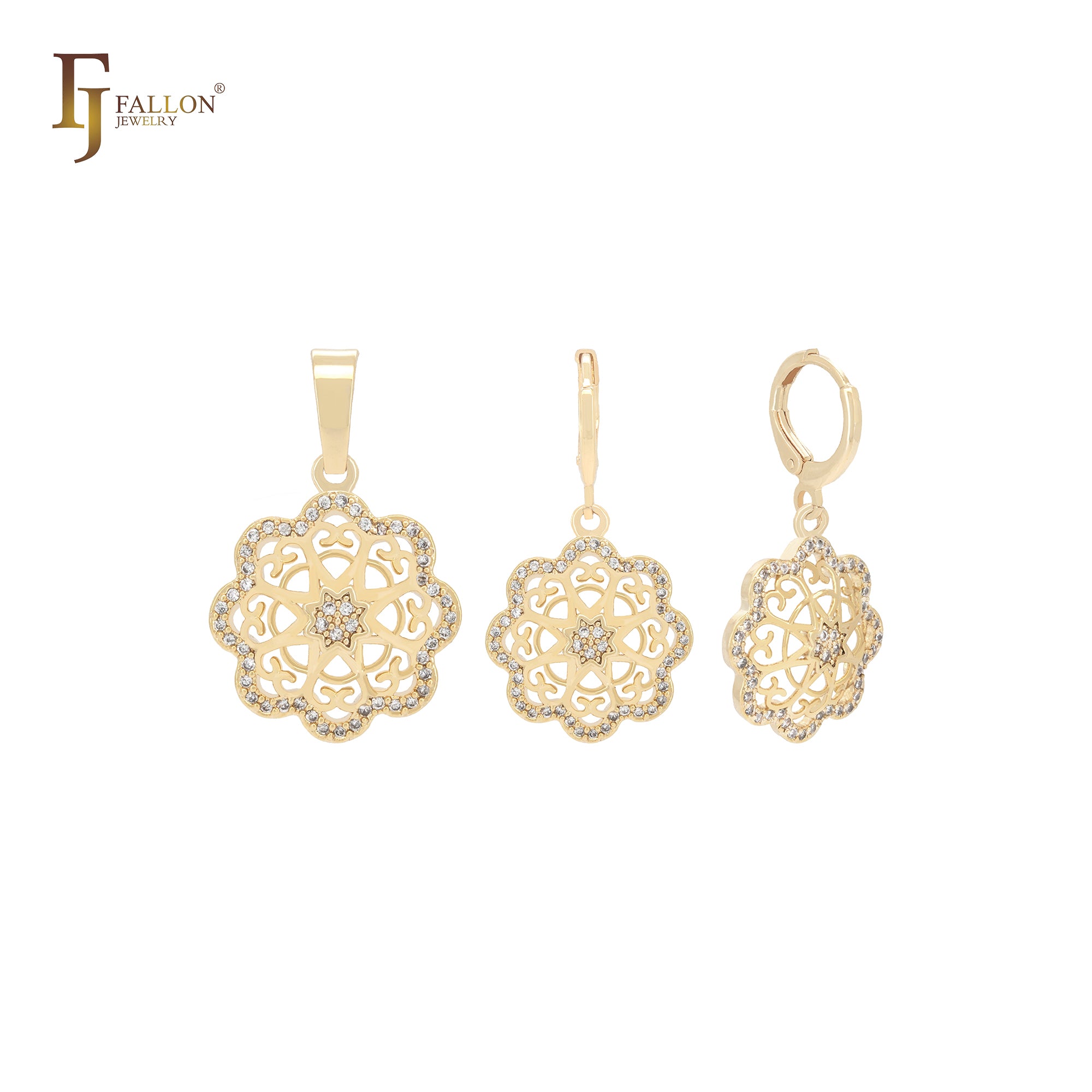 Achteckiges, abgerundetes, sternförmiges Schmuckset aus 14 Karat Gold mit weißem Zirkonia und Anhänger