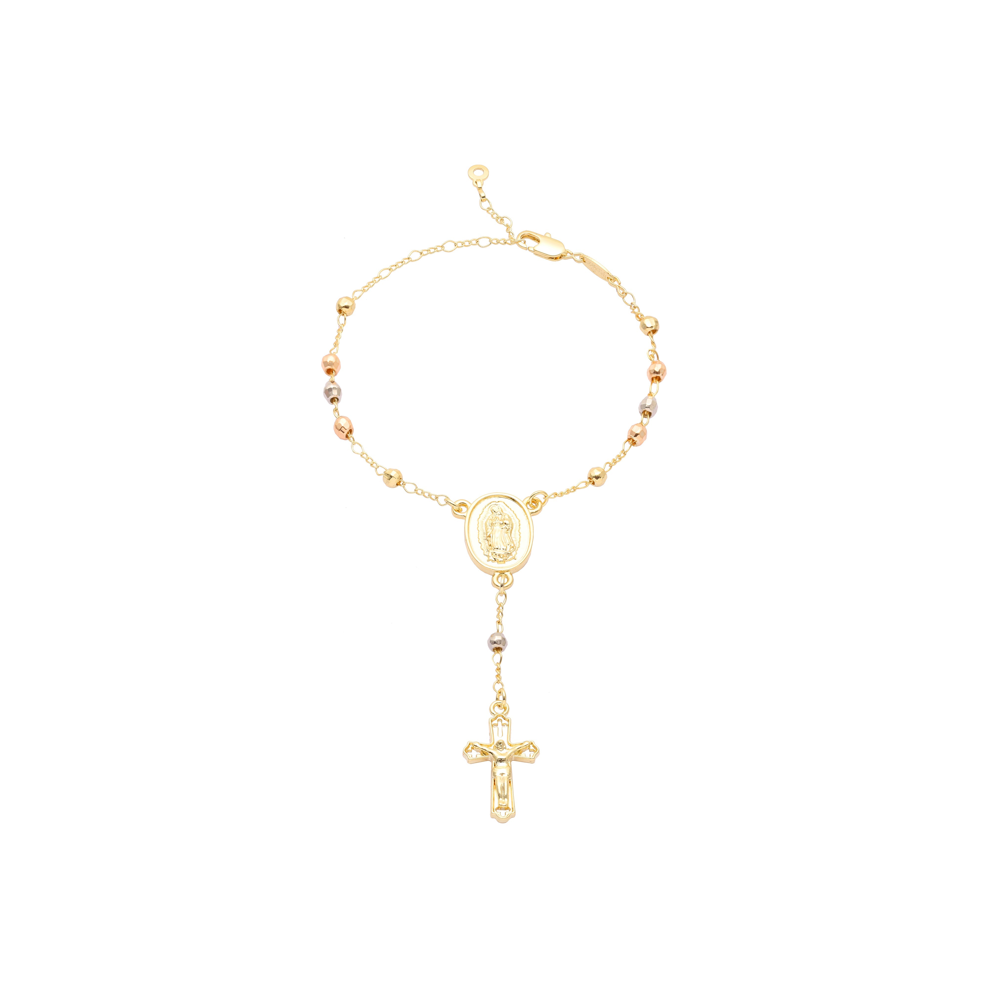 Italian Virgin of Guadalupe Catholic Rosary Necklace (Faceted Disco Beads) plated in 14K Gold, 14K Gold two tone