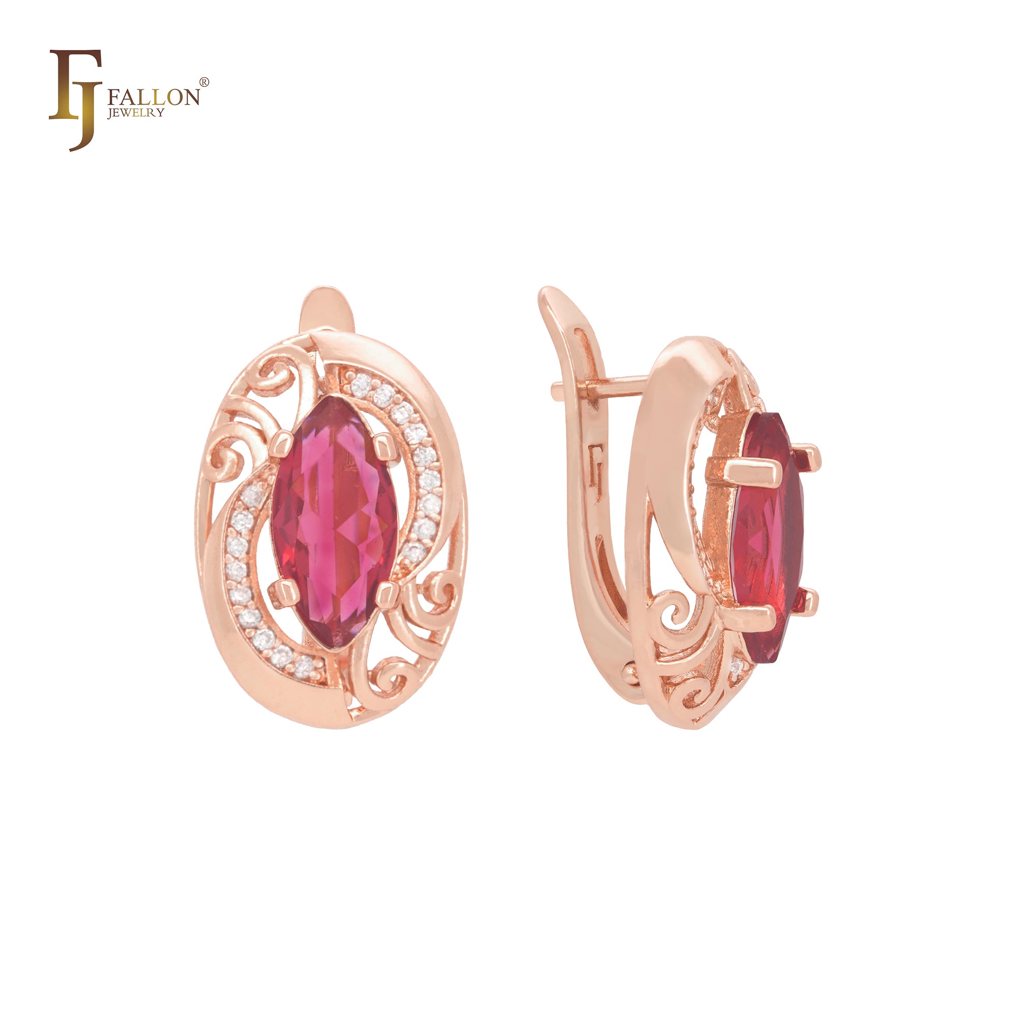 Filigree of waves with solitaire Marquise red CZ Rose Gold Russian Lock Earrings