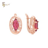 Filigree of waves with solitaire Marquise red CZ Rose Gold Russian Lock Earrings