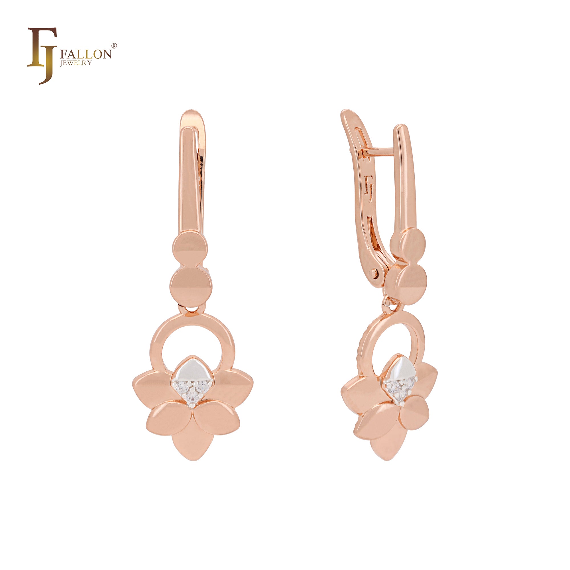 Double clover flower drop Rose Gold two tone Russian Lock Earrings