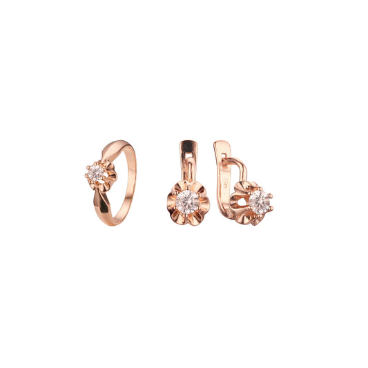 Solitario flor engastado con aros en Oro de 14K, baño de Oro Rosa colores