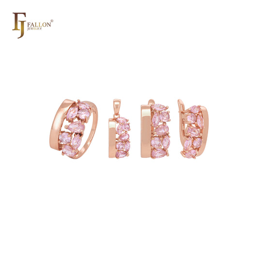 Lujoso conjunto de joyas de oro rosa con circonitas cúbicas rosadas, colgante y anillos.