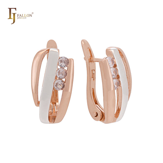 Triple row cluster rounded white CZs Rose Gold two tone Clip-On Earrings