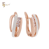 Triple row cluster rounded white CZs Rose Gold two tone Russian Lock Earrings