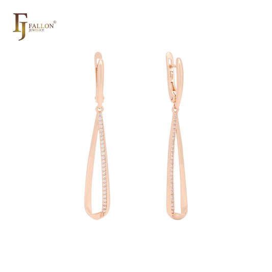 Long teardrop cluster white CZs drop Rose Gold Russian Lock Earrings
