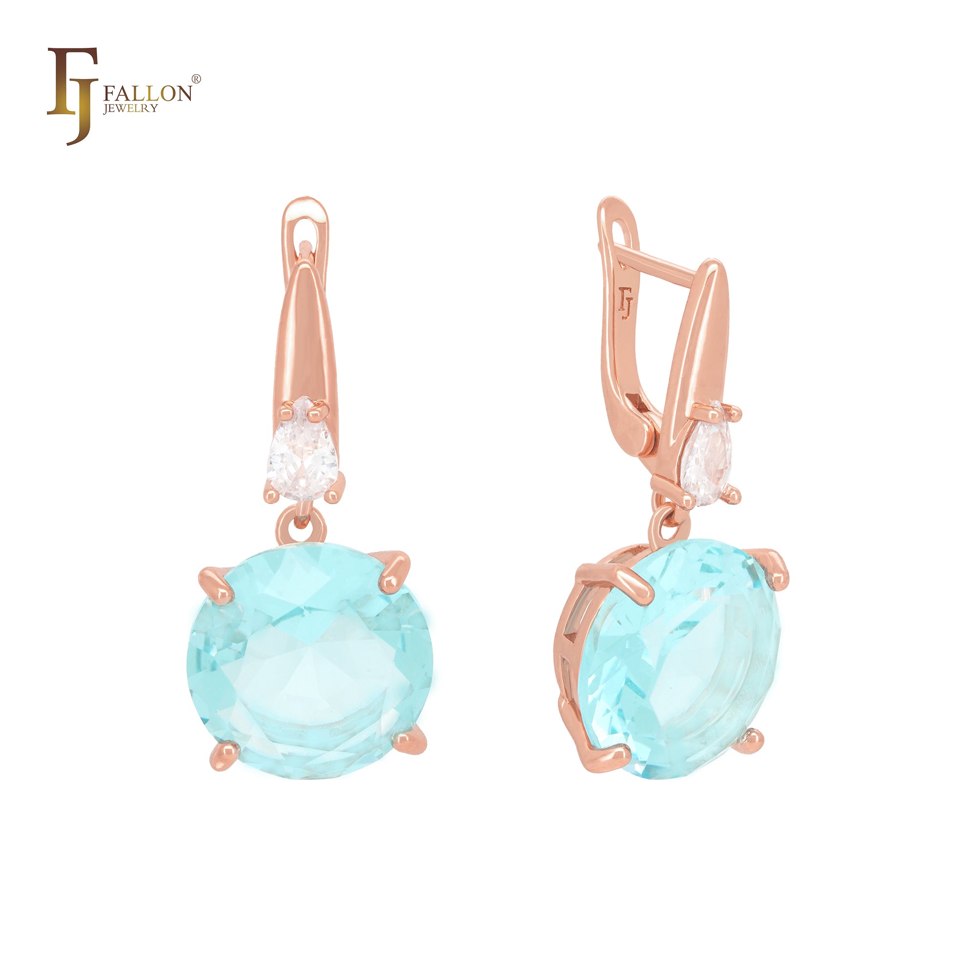Great Big round solitaire Lake Blue CZ Rose Gold Russian Lock Earrings