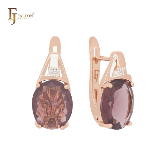 Great oval red coffee CZ Rose Gold two tone Russian Lock Earrings