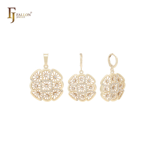Conjunto de joias de ouro 14K com pingente, caleidoscópio radioativo octogonal, flocos de neve, zircônias cúbicas brancas