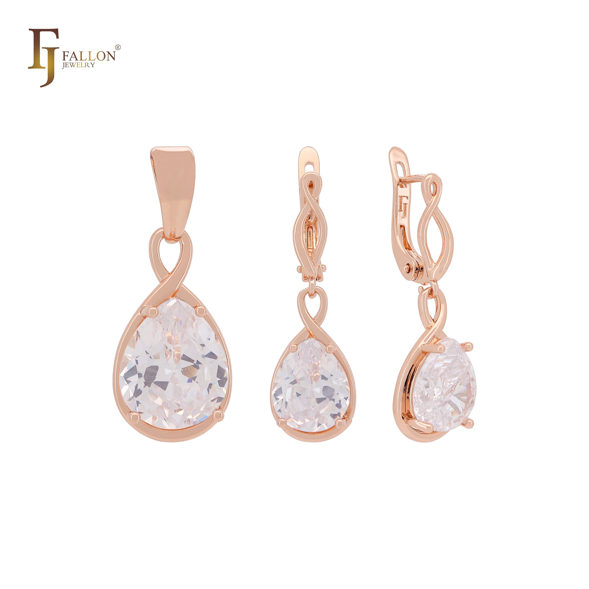 Infinity teardrop white CZ drop Rose Gold Jewelry Set with Pendant