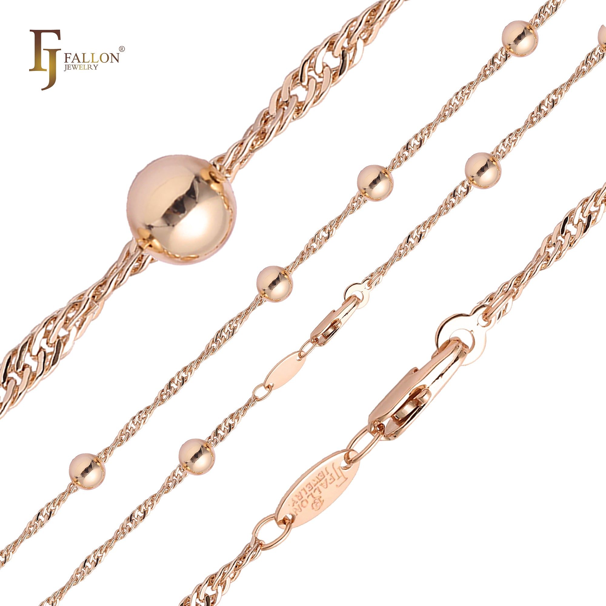 Correntes de elos Singapura com miçangas banhadas em ouro 14K, ouro rosa