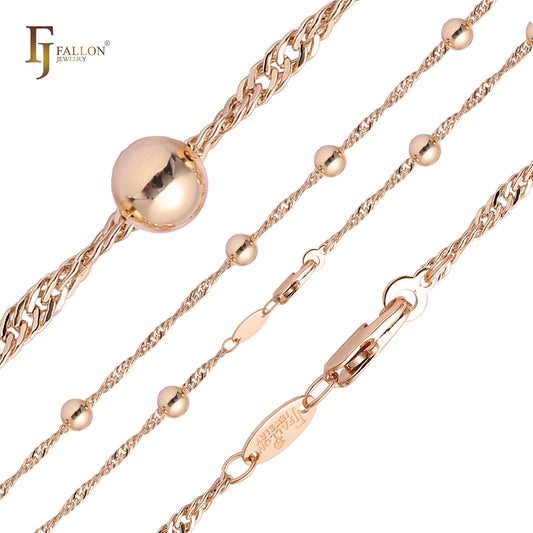 Correntes de elos Singapura com miçangas banhadas em ouro 14K, ouro rosa