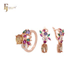 Colorful mixed flower CZs Rose Gold Jewelry Set with Rings