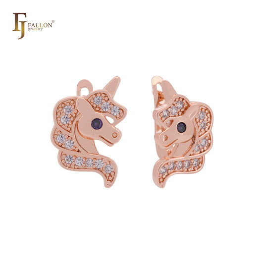 Brincos de unicórnio fofos em ouro rosa para crianças, czs brancos e roxos