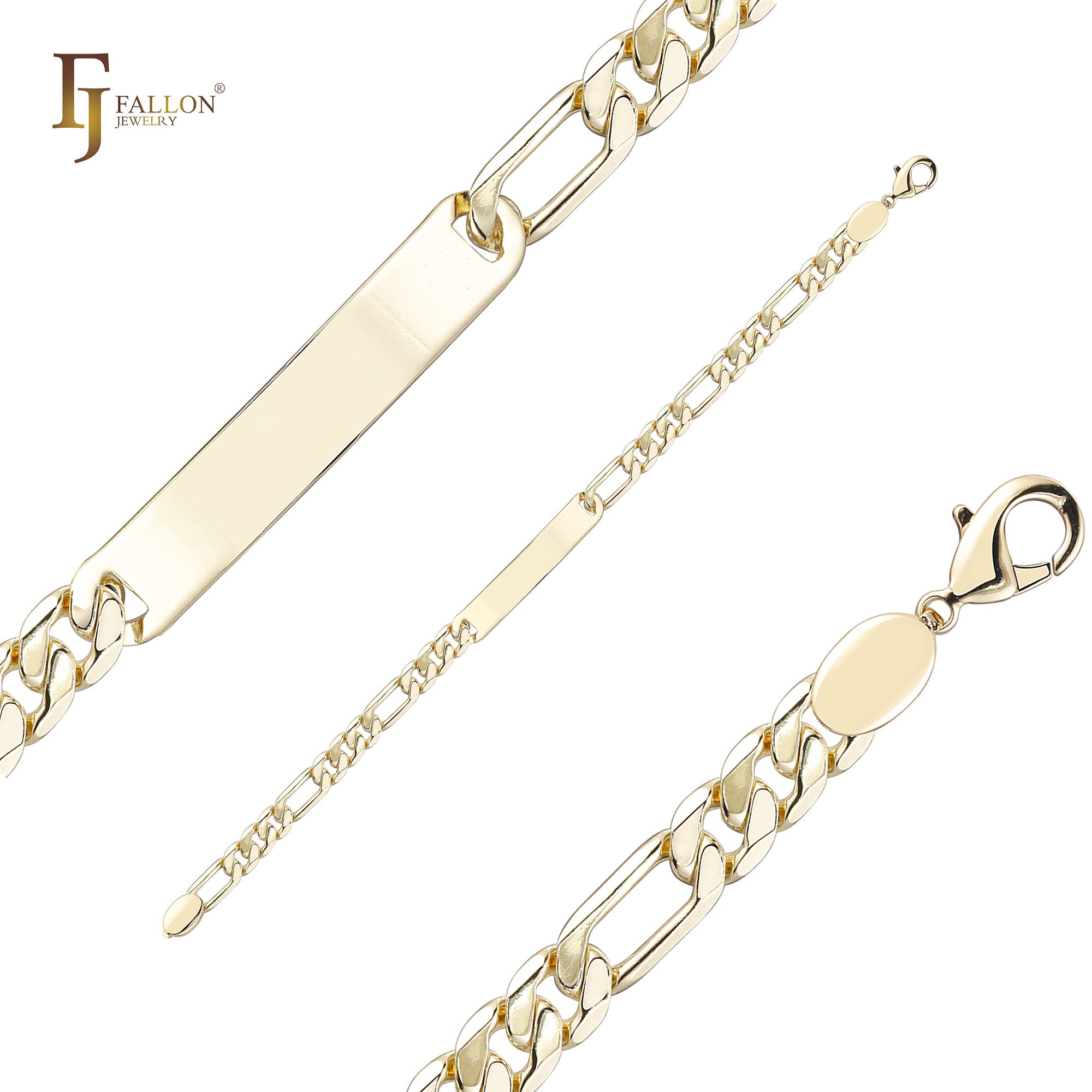 Nice polished Figaro link Men's ID bracelets plated in 14K Gold colors