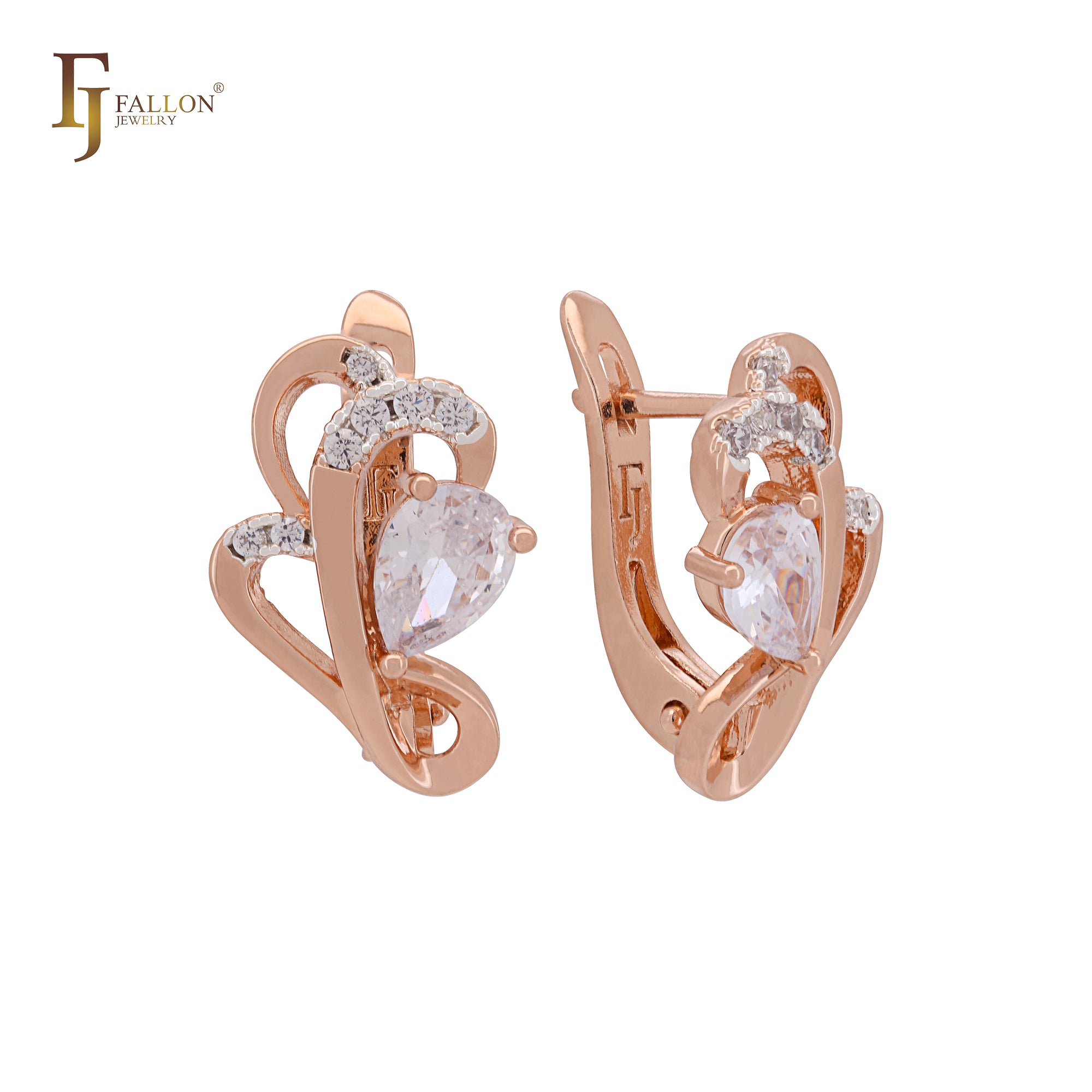 Curved flower of white CZs Rose Gold two tone Russian Lock Earrings