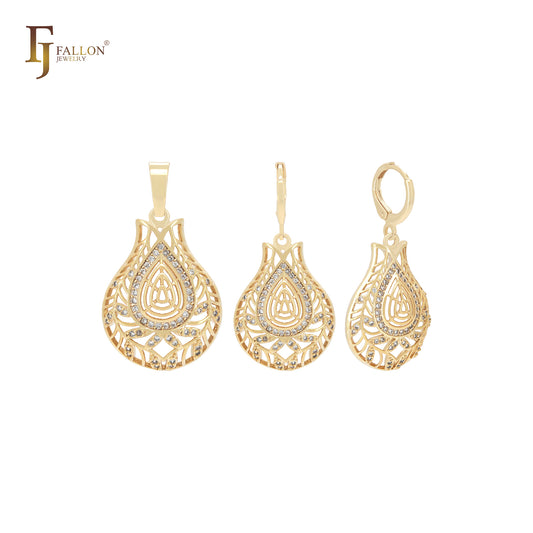 Conjunto de joias de ouro 14K com pingente em formato de filigrana de zircônias cúbicas brancas