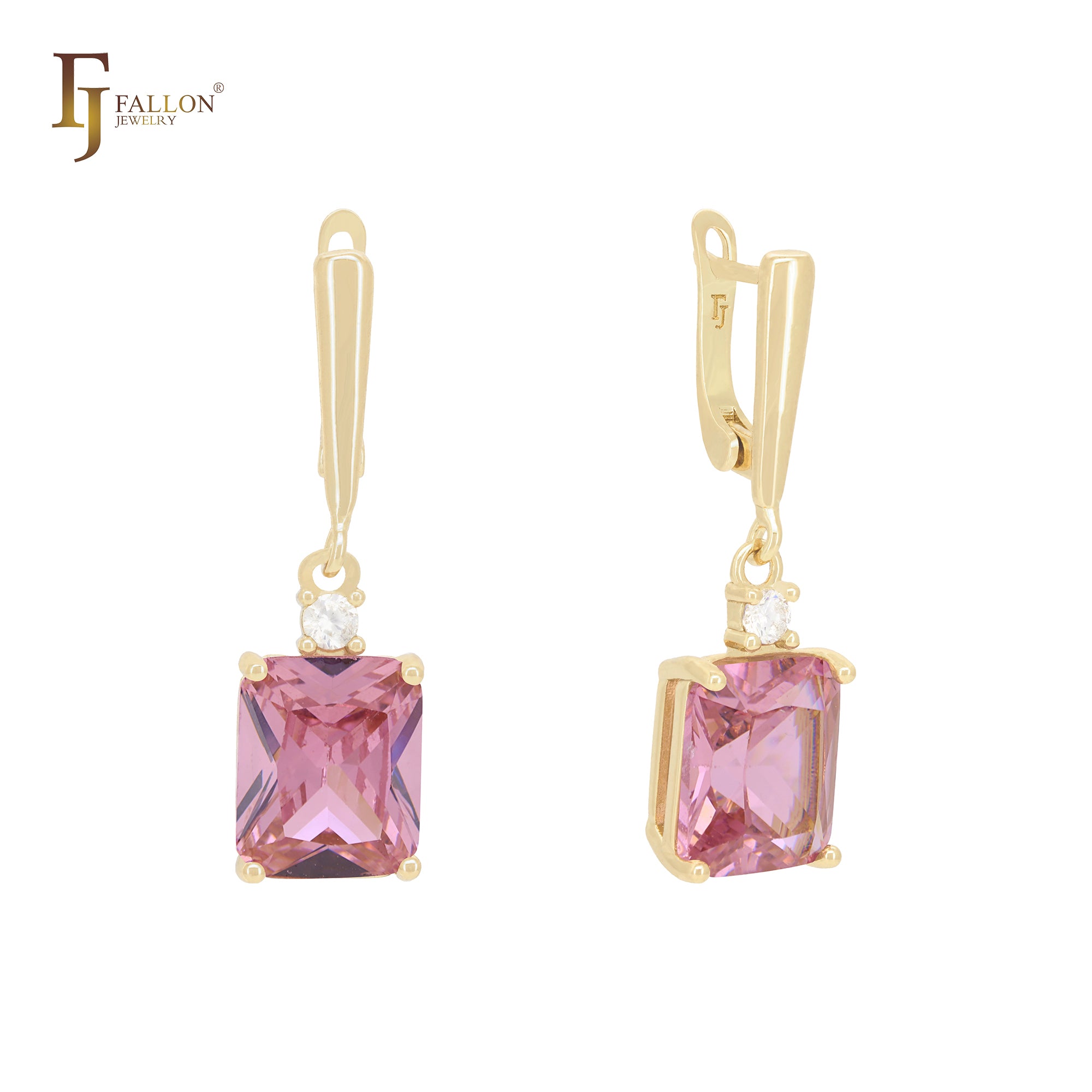 Emerald cut with white CZs Rose Gold two tone Russian Lock Earrings
