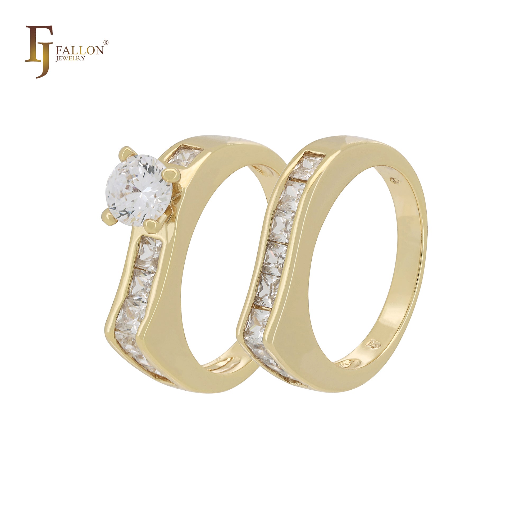 Cluster White CZs 14K Gold Wedding Set Rings