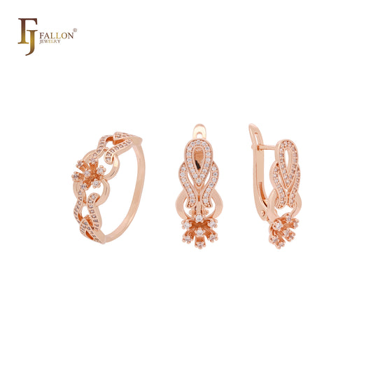 Cluster white CZs teardrop flower Rose Gold Jewelry Set with Rings