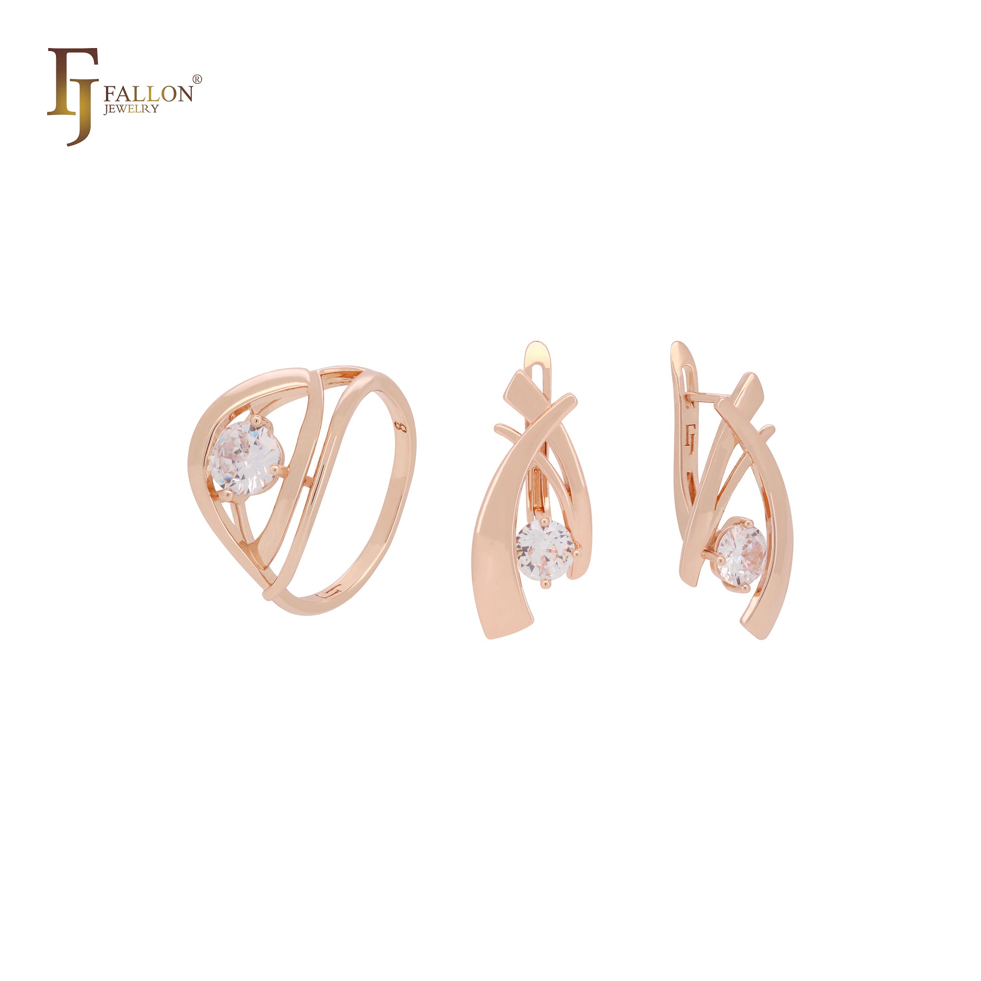 Solitär-Schmuckset aus Roségold mit geometrischem weißen Zirkonia und Ringen