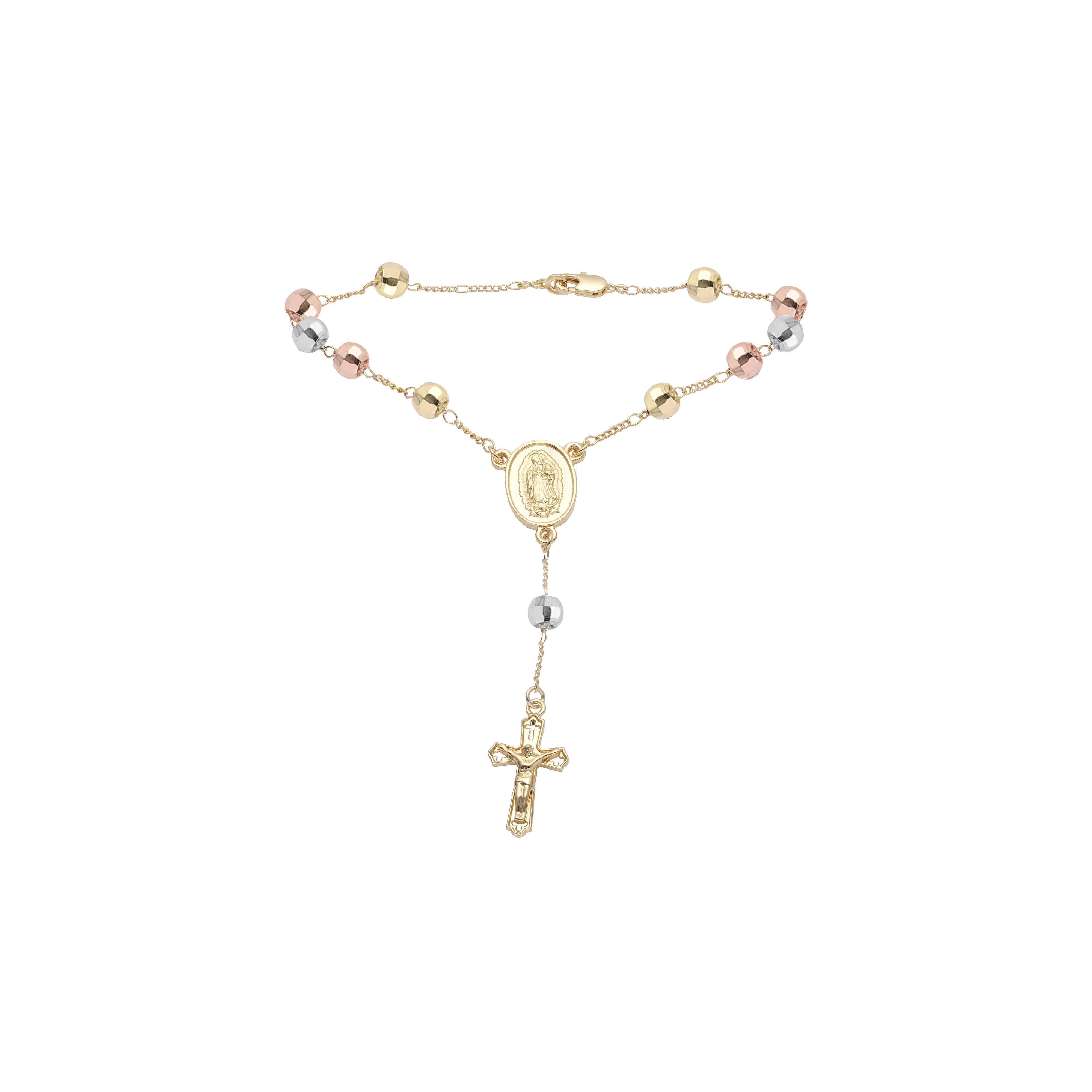 Italian Virgin of Guadalupe Catholic Rosary Necklace (Faceted Disco Beads) plated in 14K Gold, 14K Gold two tone