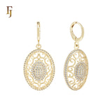 Oval Halo white CZs 14K Gold Huggie drop Earrings