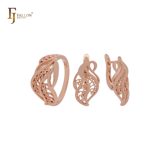 Dancing leaves of filigree Rose Gold Jewelry Set with Rings
