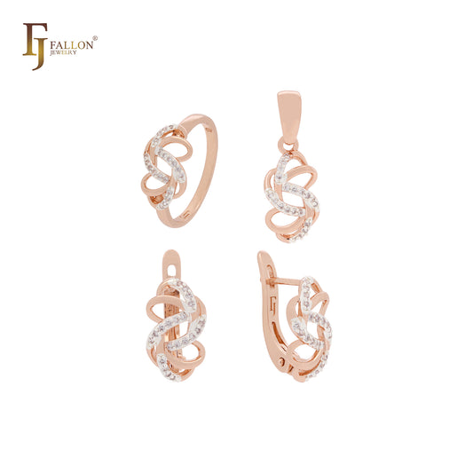 Conjunto de joyas de dos tonos en oro rosa entrelazado con cintas giratorias, anillos y colgante