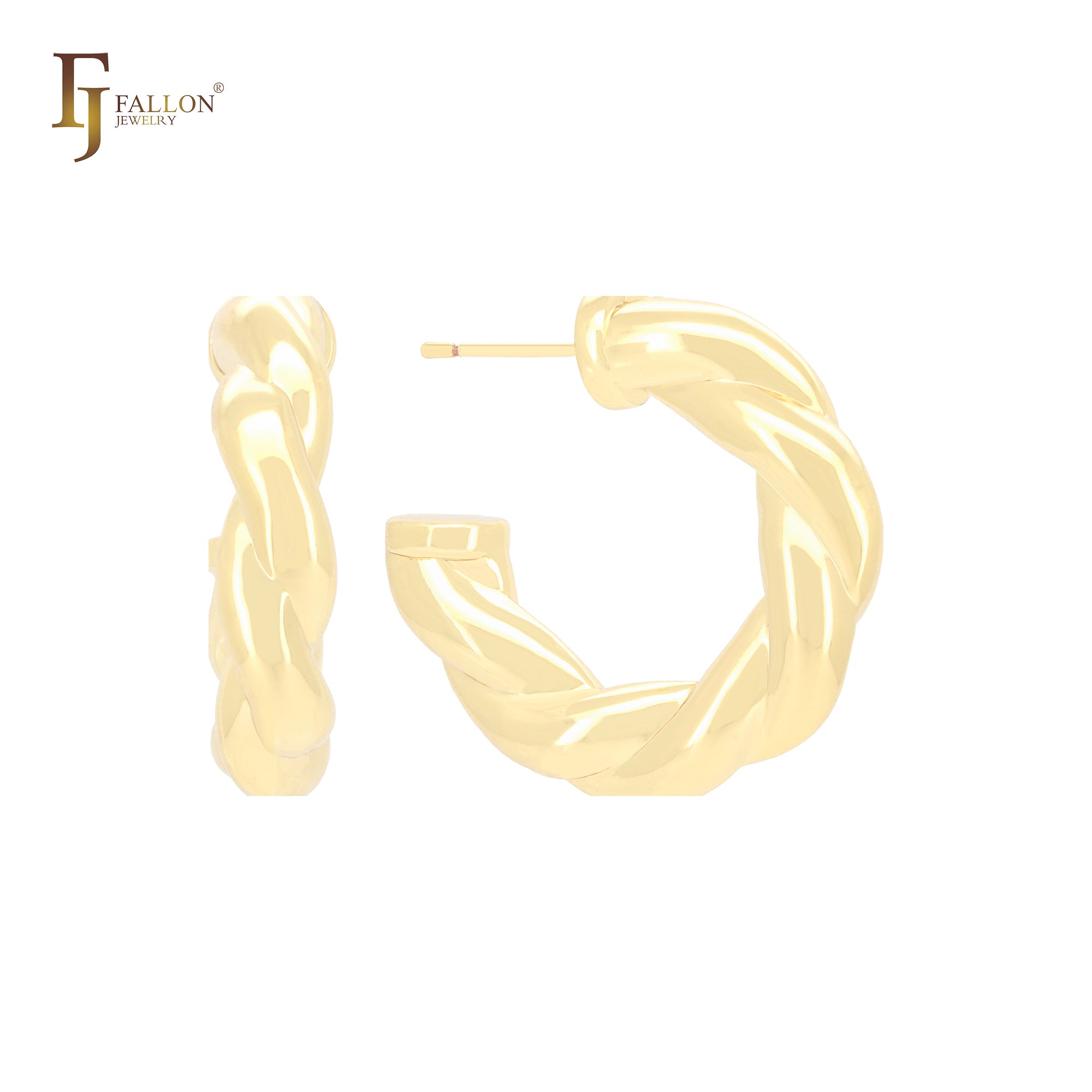 Brincos de argola em formato de C texturizado com corda larga torcida, ouro 14K, ouro rosa e ouro branco