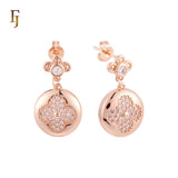 Clover of white CZs bead 14K Gold, Rose Gold drop Stud Earrings