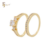 Cluster White CZs 14K Gold Wedding Set Rings