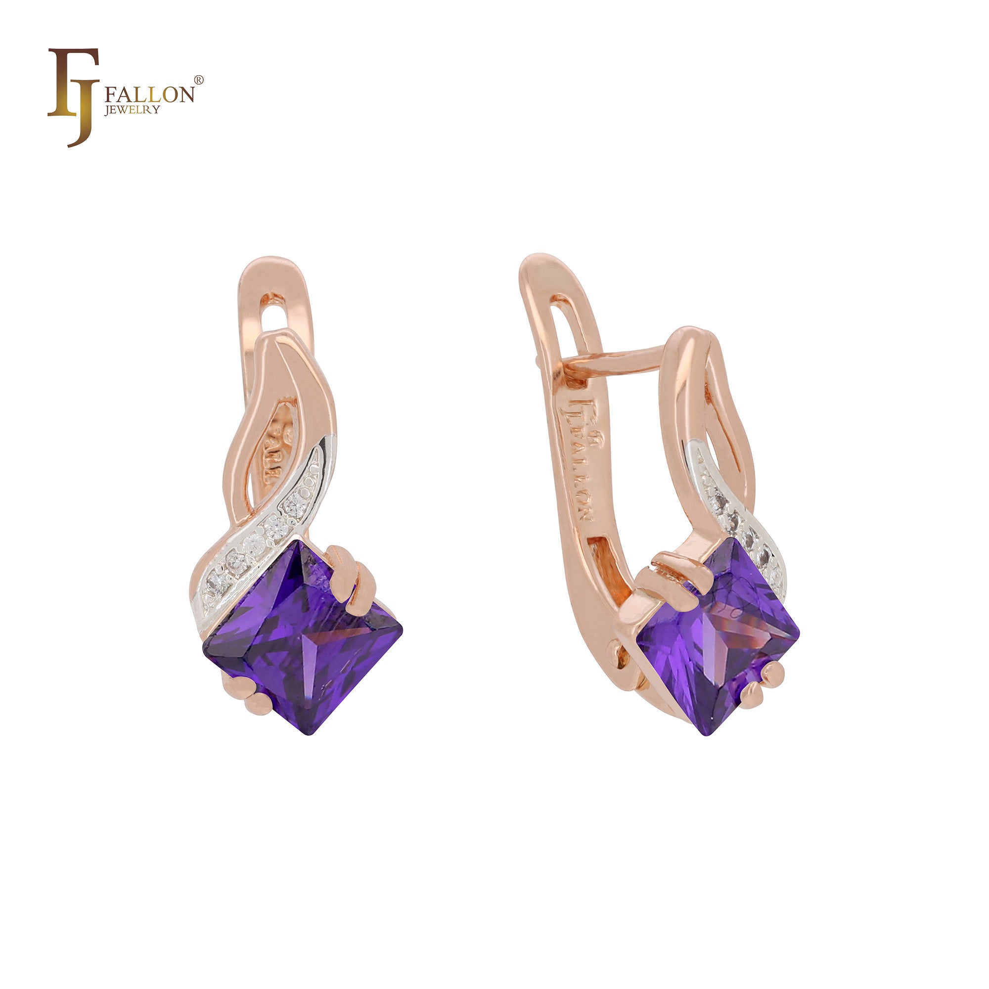 .Rose Gold two tone solitaire rhombus stone earrings
