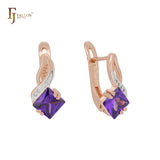 .Rose Gold two tone solitaire rhombus stone earrings