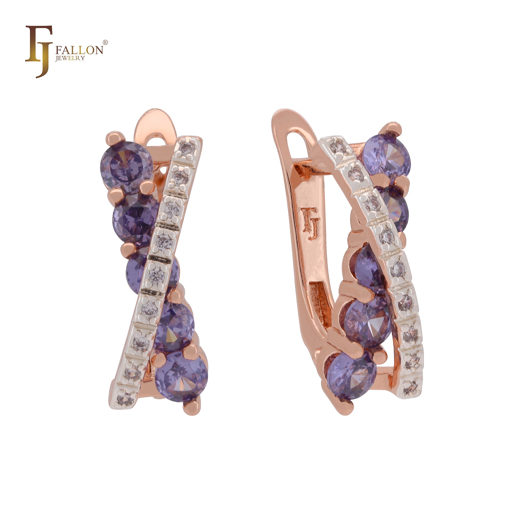 Crossing bands of paved white and purple CZs Rose Gold two tone Russian Lock Earrings