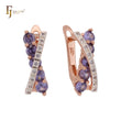 Crossing bands of paved white and purple CZs Rose Gold two tone Russian Lock Earrings