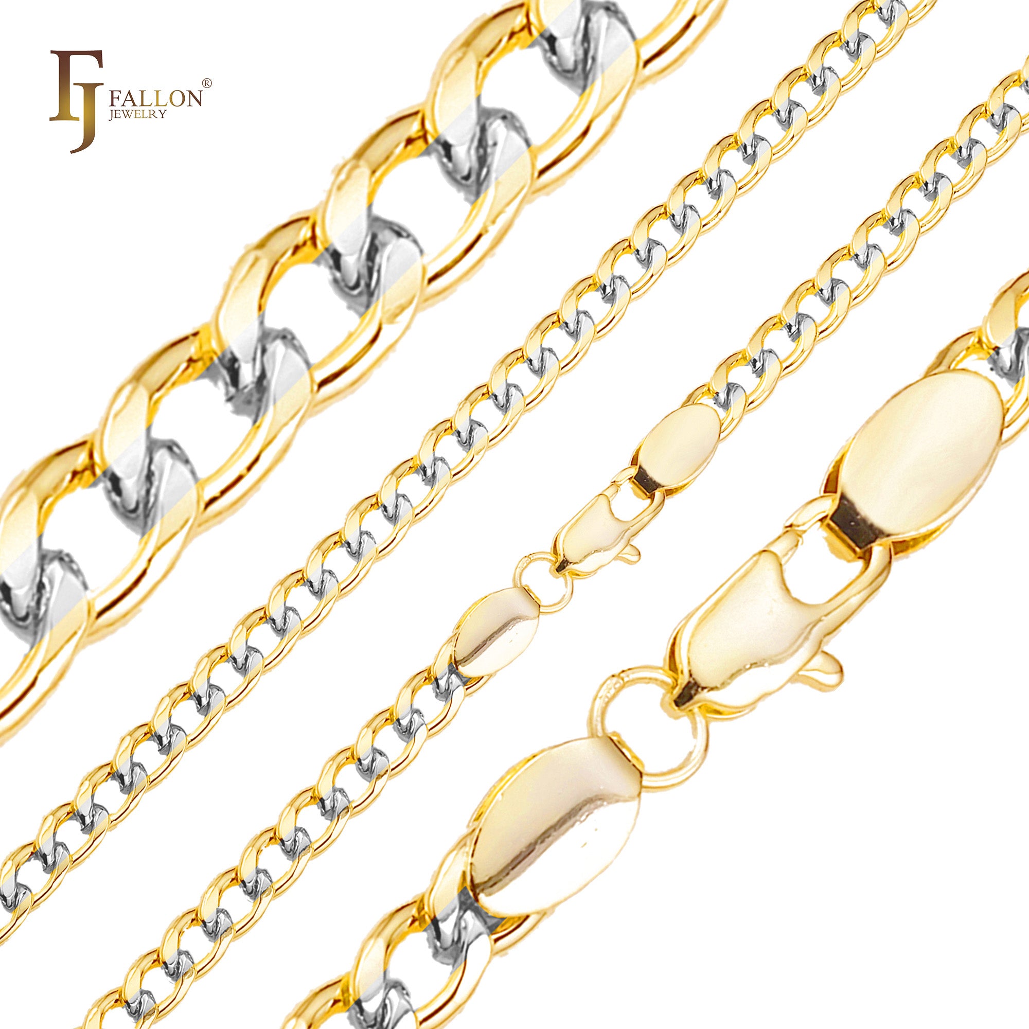 Round Curb link chains plated in Rose Gold, 14K Gold, White Gold