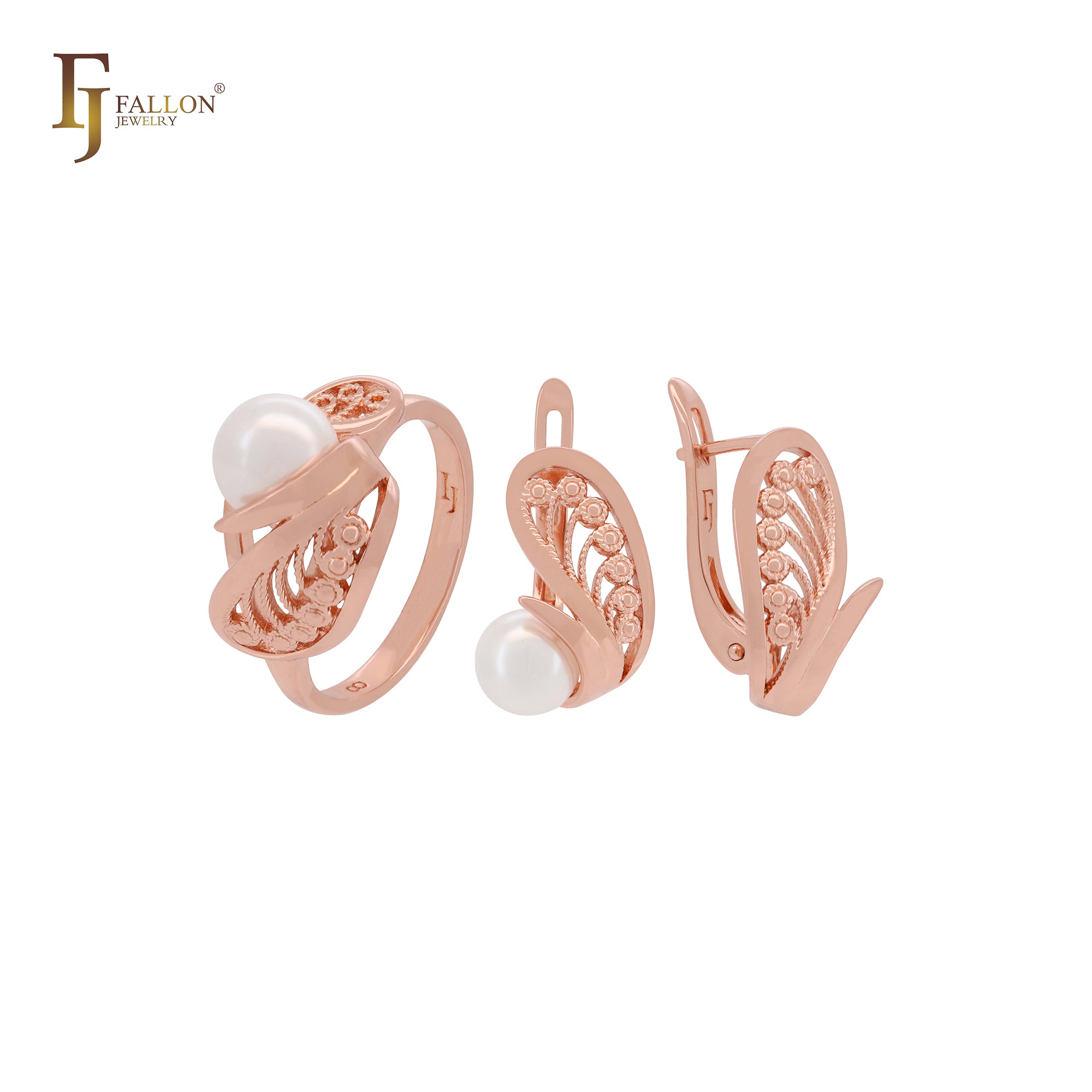 Anéis da moda em ouro rosa com pérolas filigrana