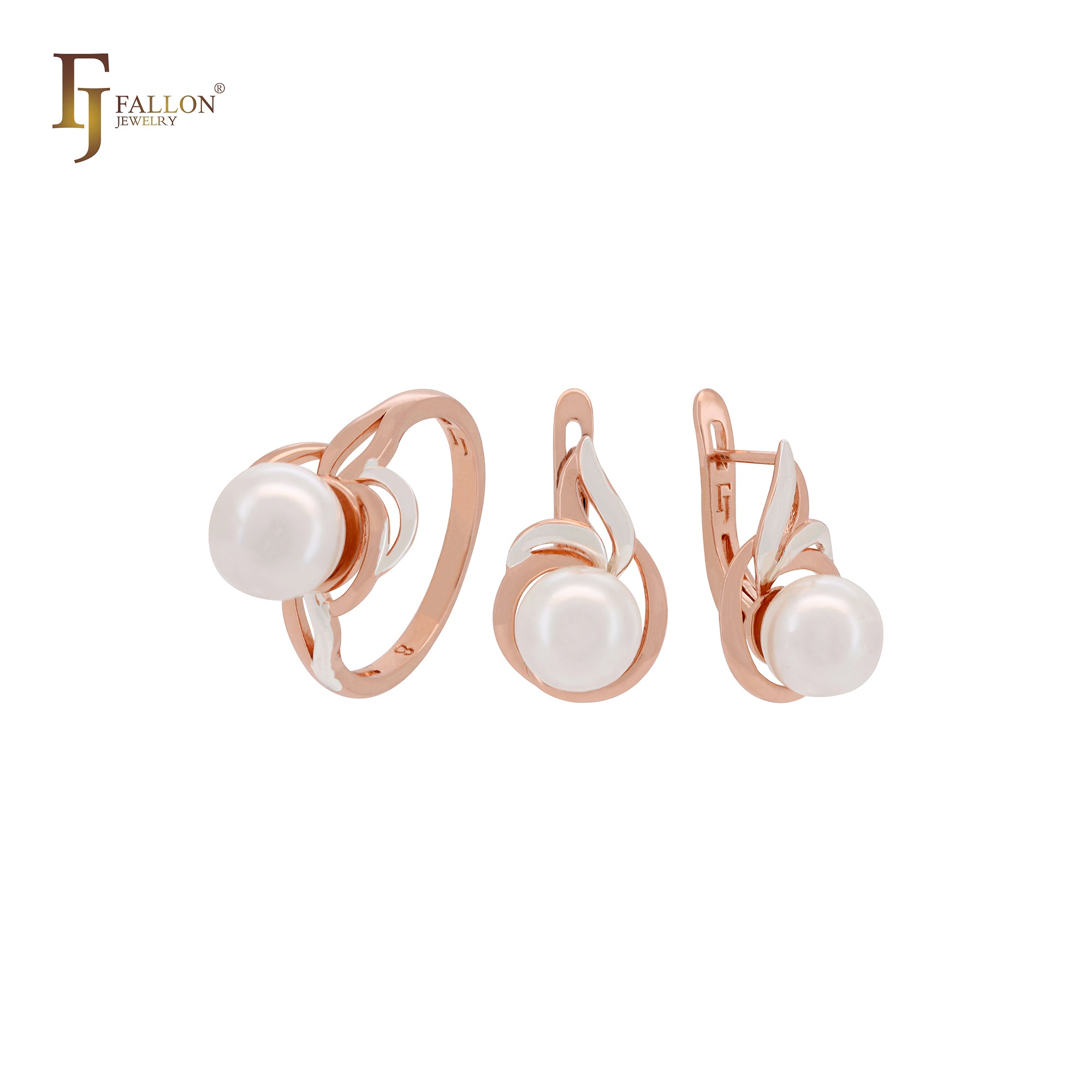 Elegante conjunto de joyería de moda en dos tonos de oro rosa con perla redonda y anillos